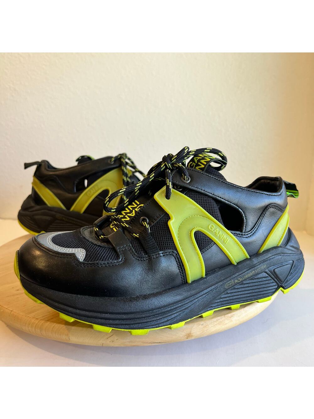 Ganni Neon Green Black Leather Vibram Sneakers Women's Size 9